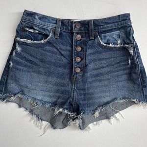 Abercrombie & Fitch High Rise Mom Short Distressed Raw Hem Medium Wash